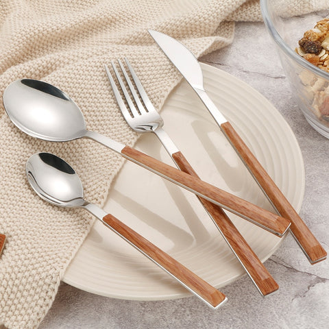 4PCS Stainless Steel Tableware Set Wood Handle Dinnerware Knife Fork Spoon Teaspoon Cutlery Set