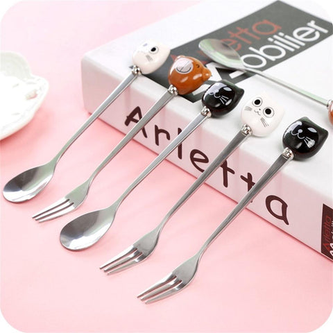 Adeeing Creative Fashion Cute Ceramic Stainless Steel Spoon Fork Cartoon Portable Tea Coffee Ice Cream Cutlery Tableware