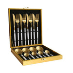 KuBac 30-Pieces Black Gold Dinnerware Set 18/10 Stainless Steel Dinner Knife Fork White Gold Cutlery Set Pink  With Giftbox