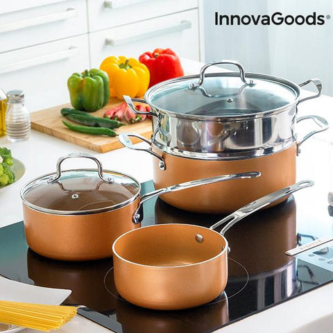 InnovaGoods Copper Effect Steamer Cookware 6 Pieces Made of Stainless Steel and Glass Nonstick Surface Elegant Resistant Design