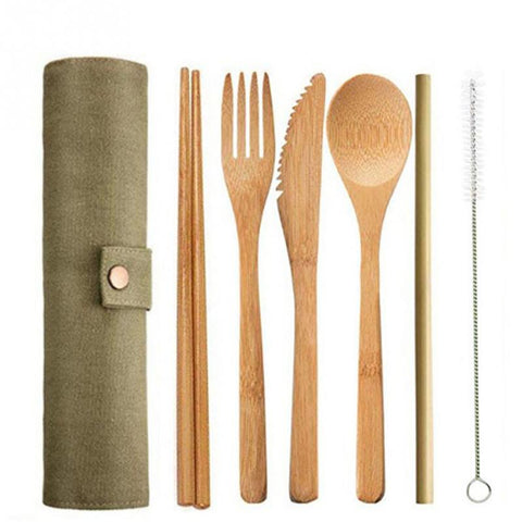 6/7/8pcs/set Straw Kitchen Utensil With Cloth Bag Eco-friendly Travel Reusable Portable Bamboo Cutlery Set Spoon Fork Chopsticks