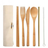 6/7/8pcs/set Straw Kitchen Utensil With Cloth Bag Eco-friendly Travel Reusable Portable Bamboo Cutlery Set Spoon Fork Chopsticks