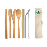 6/7/8pcs/set Straw Kitchen Utensil With Cloth Bag Eco-friendly Travel Reusable Portable Bamboo Cutlery Set Spoon Fork Chopsticks