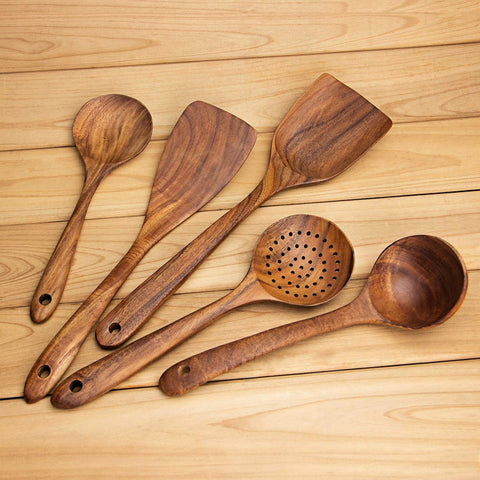 LUDA Wooden Spoons, Wooden Spoons for Cooking, 5-Piece Reusable Wood Kitchen Utensils Set Tools for Cooking Nonstick Cookware