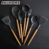 Silicone Kitchen Set Cooking Tools Utensils Set Spatula Shovel Soup Spoon with Wooden Handle Special Heat-resistant Design