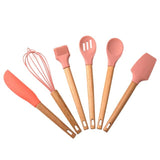 6pcs Wooden Handle Kitchen Silicone Kitchenware Set Smooth Easy Clean Anti-scald Cooking Spoon Shovel Whisk For Non-stick Pans