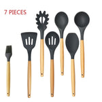 Wood Handle Silicone Kitchen Utensil Set of 5/6/7/8/9 Pieces Heat-resistant Non-stick Special Cooking Shovel Spoon Kitchen Tools