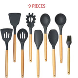 Wood Handle Silicone Kitchen Utensil Set of 5/6/7/8/9 Pieces Heat-resistant Non-stick Special Cooking Shovel Spoon Kitchen Tools