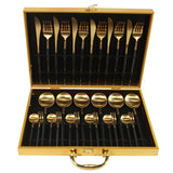 KuBac 30-Pieces Black Gold Dinnerware Set 18/10 Stainless Steel Dinner Knife Fork White Gold Cutlery Set Pink  With Giftbox