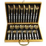 KuBac 30-Pieces Black Gold Dinnerware Set 18/10 Stainless Steel Dinner Knife Fork White Gold Cutlery Set Pink  With Giftbox